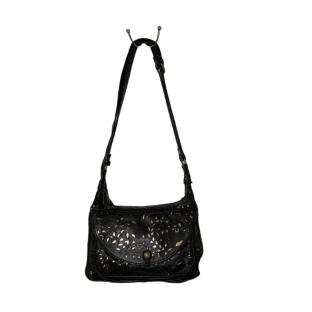 Patricia Nash embossed black leather bag cut outs reveal silver underneath. B5 - Picture 1 of 13